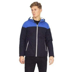 Brave Soul Sherpa Padded Zip Jacket - Colour Block, Hood Detail, Pockets - Navy