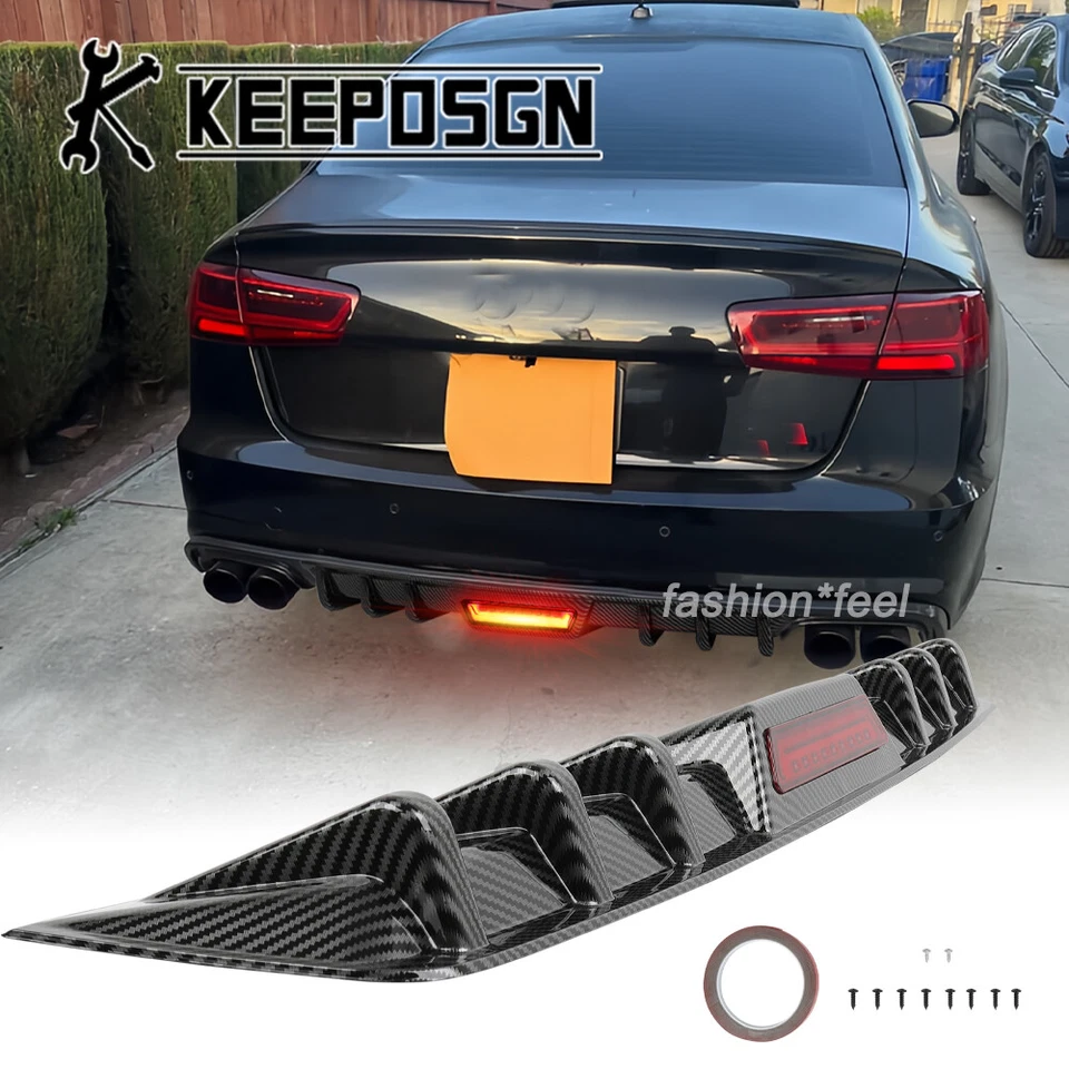 For Audi A6 S6 RS6 Rear Bumper Diffuser Splitter w/ LED Brake Light Carbon Fiber — 第 1/4 张图片