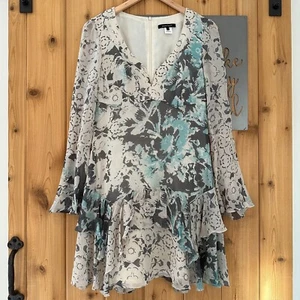 Nanette Lepore Size 2 Silk Floral Drop Waist Long Flare Sleeve Dress - Picture 1 of 11