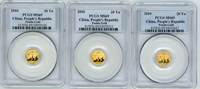 LOT of 3 COINS: 2010 PANDA 1/20 Oz. GOLD COIN 20Y 20 YUAN 20-Yn CHINA PCGS MS69 - Image 1 of 2