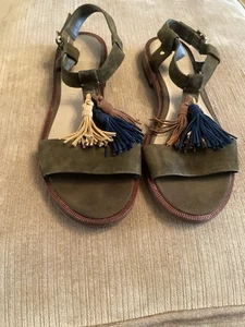 AUTOGRAPH M&S KHAKI MIX SANDALS UK 7.5 STRAPPY SUEDE TASSEL FLAT SLINGBACK - Picture 1 of 10