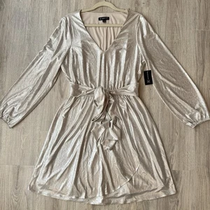 INC International Concepts VNeck Dress Womens Size 8 Metallic Silver Long Sleeve - Picture 1 of 19