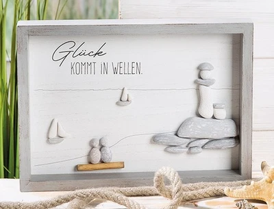 Gilde Steinbild Spruch Glück kommt in Wellen handmade 3D Holzrahmen 51826 - Bild 1 von 2
