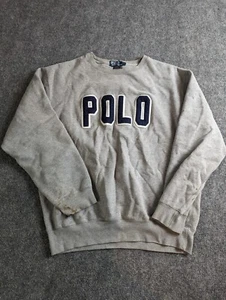 Polo Ralph Lauren Sweater Mens (L) Spell Out Logo Long Sleeve Knit Gray (Stains) - Picture 1 of 13