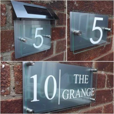 MODERN HOUSE SIGN PLAQUE WHITE DOOR NUMBER STREET GLASS EFFECT ACRYLIC ALUMINIUM - Image 1 of 4