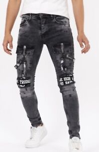 Herren Denim Jeans used-Slim Fit Designer Gürtel Schnallen Jeans Fashion Style