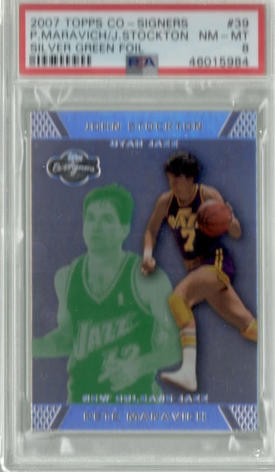 2007-08 Topps Co-Signers Pete Maravich John Stockton Silver Green Foil /19 PSA 8 - Image 1 of 1