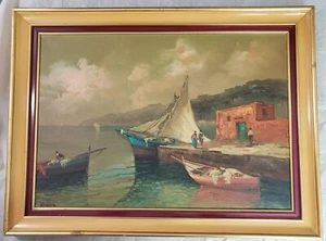 Vintage signiert Italien italienisch impressionistisch Gemälde Küste Hafen Boote Menschen - Bild 1 von 24