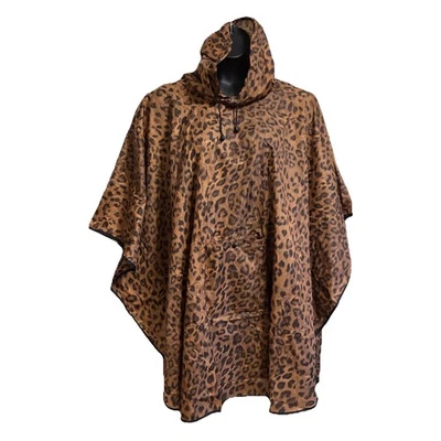 Chicos Leopard Print Rain Poncho One Size Hooded Lightweight Brown Packable - Image 1 of 4