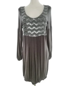 Repeat Size L Grey Knee-Length Shift Dress Cotton Long Sleeve Lace Embroidery - Picture 1 of 5