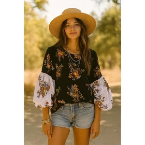 Top Ann Taylor LOFT XL Negro Dos Tonos Estampado Floral Manga Abullonada 3/4 Boho Campesino - Imagen 1 de 12