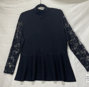 Top INC International Concepts Negro Mangas de Encaje Talla 1X Cuello Simulado Peplum Nuevo con Etiquetas - Imagen 1 de 15