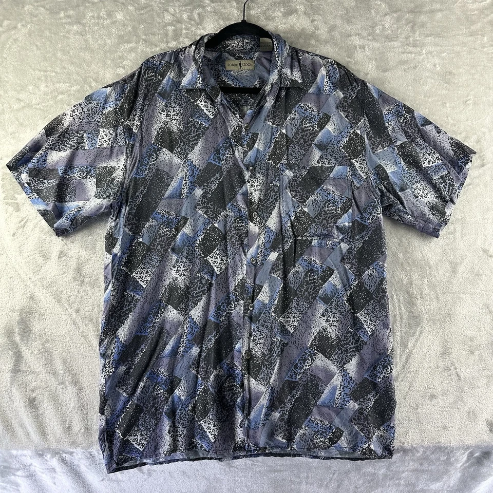 Camisa De Colección Robert Stock Abotonada Para Hombre’s L Azul Gris Negra Geométrica 100% Seda Foto 1 de 4