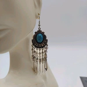 Dangle Drop Earrings Turquoise & Silver Color 3 1/2" - Picture 1 of 5