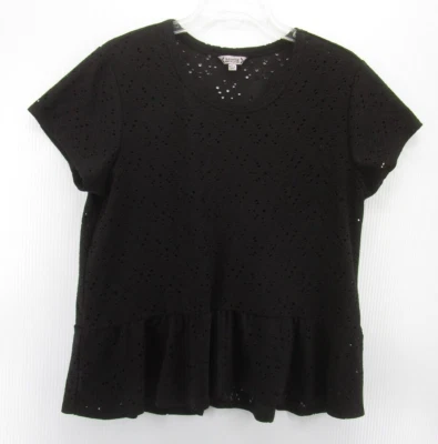 Nanette Lepore Top Women Large Black Blouse Pullover Eyelit Peplum Embroidered - Image 1 of 4