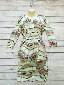 POLECI SZ 2 SILK COLD SHOULDER SMALL 3/4 SLEEVE WRAP TAN GRAY SNAKE DRESS - Picture 1 of 10