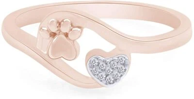 Anillo en forma de corazón con estampado de pata de diamante blanco enchapado en oro rosa de 14 k Foto 1 de 3