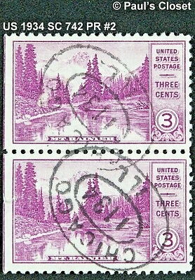 US 1934 SC 742 3¢ MOUNT RAINIER PURPLE PAIR USED NO GUM F/VF #2 - Image 1 of 2