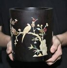 7.2 " Old Chinese Wood Shell Carving Dynasty Flower Bird Brush Pot Pencil Vase