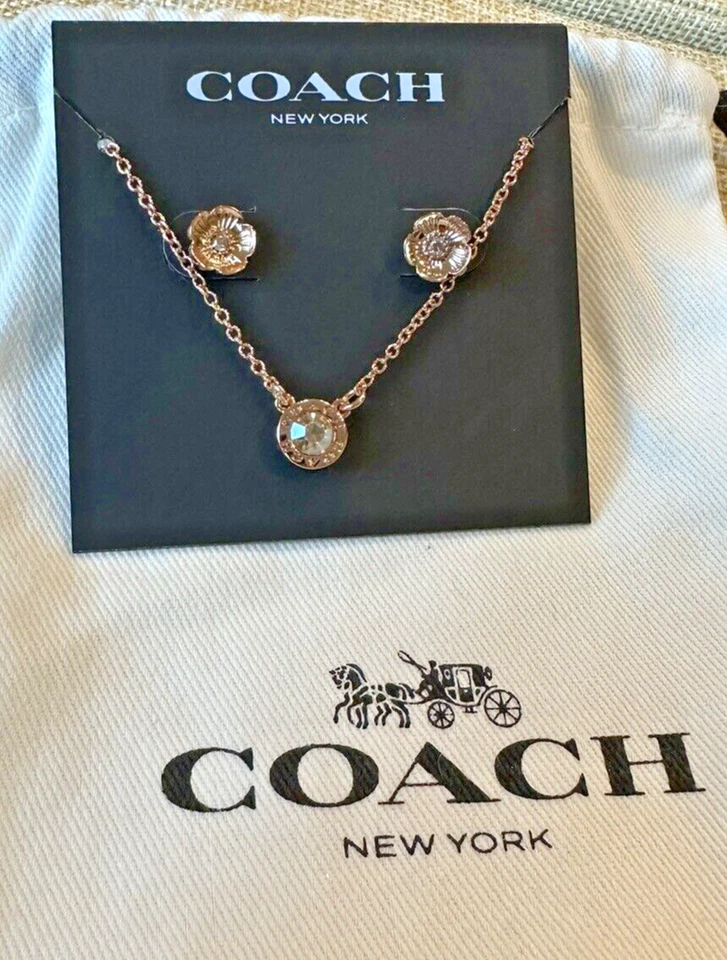 COACH Rose Gold Open Circle Necklace and Flower Earrings Set
