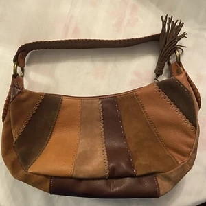 FOSSIL Patchwork Multi Brown Leather Suede Handbag Shoulder Hobo Boho Medium Bag - Picture 1 of 5