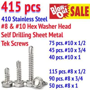 #8 & 10 Hex Washer Head Self Drilling Sheet Metal Tek Screws 410 Stainless Steel - Picture 1 of 1