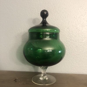 Empoli Italian Glass Circus Tent Lid Apothecary Jar Green Twisted Stem Vintage - Picture 1 of 12