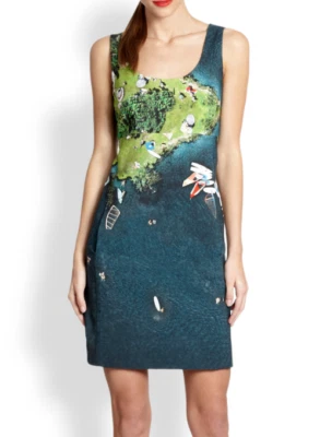 NUEVO CON ETIQUETAS Vestido Akris Punto Surfer Estampado Parque Picnic Marina Veleros Agua Azul 8 Foto 1 de 4