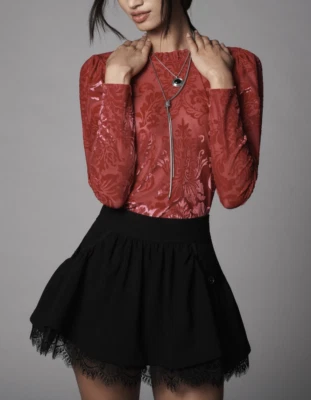 Top Anthropologie Rojo Rosa Manga Larga Transparente Corbata Trasera Terciopelo Burnout Talla M Foto 1 de 4