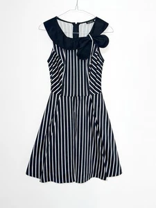 World Wide Wear Stripy Monochrome Dress AU 6 Sailor Collar Neck Bow Fit Flare - Picture 1 of 13