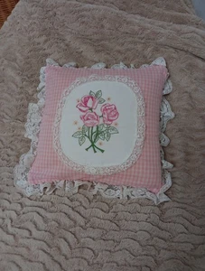 Embroidered Pink Gingham Throw Pillow W/lace Ruffle Shabby Chic Decor 11" Square - Picture 1 of 4