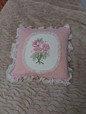Embroidered Pink Gingham Throw Pillow W/lace Ruffle Shabby Chic Decor 11" Square - Image 1 of 4