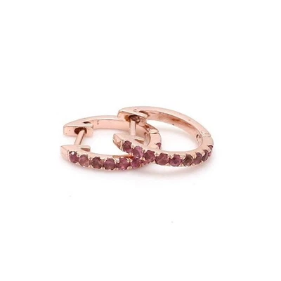 Natural Ruby Gemstone Dainty Eternity Huggie Hoops Earrings 18K Solid Gold k286 - Image 1 of 4