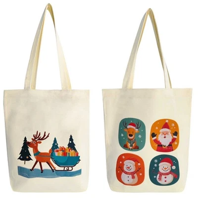 Paquete de 2 bolsas de mano Zenloria gruesas de lona navideña de 12 oz impresiones de renos y Papá Noel Foto 1 de 4