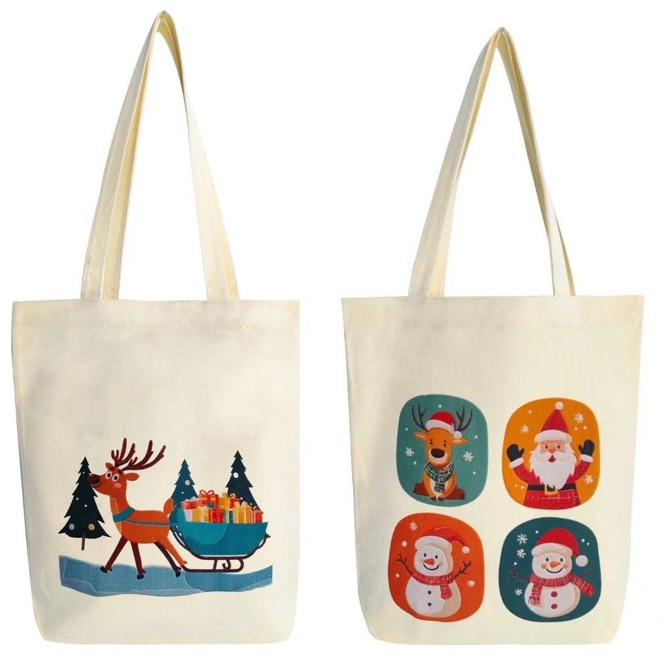 Paquete de 2 bolsas de mano Zenloria gruesas de lona navideña de 12 oz impresiones de renos y Papá Noel Foto 1 de 4