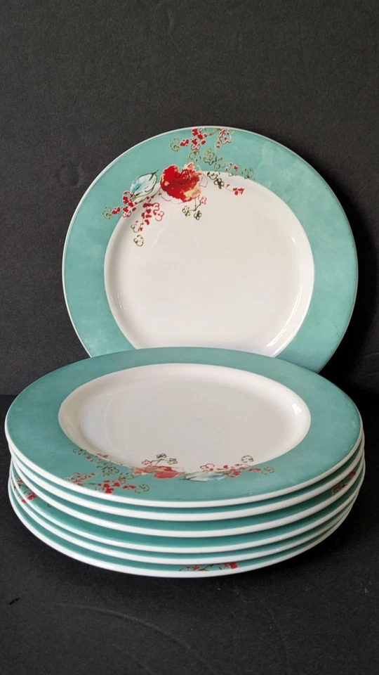 Lenox Chirp Dessert Bread Butter Plates Set Of 7 Turquoise Band READ - Image 1 of 4