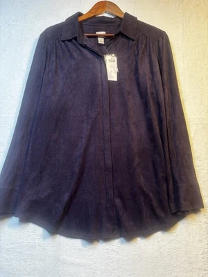 NUEVO CON ETIQUETAS Chicos Top Mujer L Blusa Berenjena Púrpura Imitación Gamuza Suave Reza Botón Talla 2 Foto 1 de 4