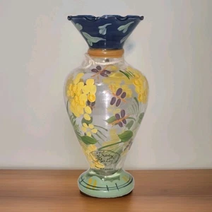 Vintage Tracy Porter Hand-Painted Glass Bud Vase Yellow Floral, Blue Ruffle 6” - Picture 1 of 8