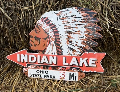 Porcelain Indian Lakes Reproduction Mile Marker Sign Extremely Rare Estate Found - Image 1 of 4
