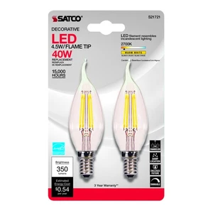 Satco S21721 Clear 120V E12 Candelabra 350 lm. Warm White CA10 LED Bulb 40W - Picture 1 of 1