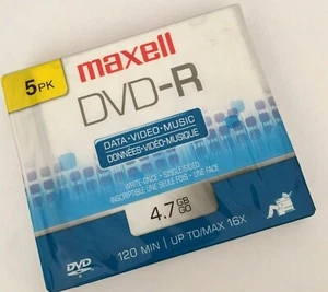 DVD-R Maxell 5PK Blanks 4.7GB  5 Pack DATA VIDEO MUSIC Write Once Single-Sided - Picture 1 of 5