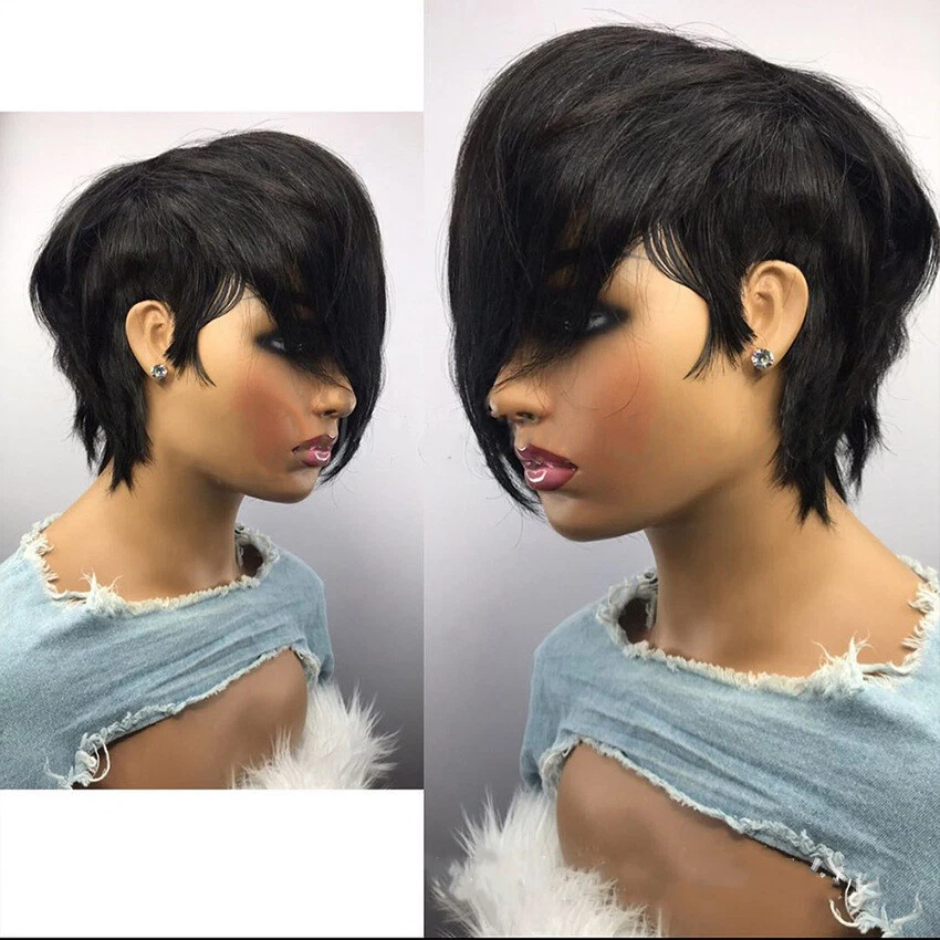 Short Black Human Hair Wigs for Women Pixie Cut Wigs Wave with Side Bangs - Image 1 of 4