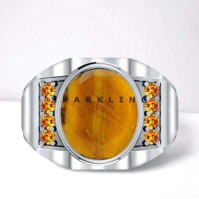 ` Tiger's Eye Oval Cut With 925 Sterling Silver Ring For Men's #D428 - Image 1 of 4