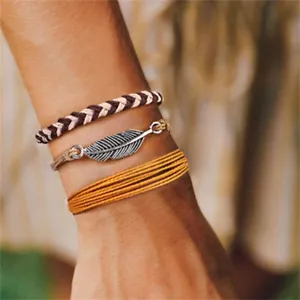3Pcs Creative Hand Woven Wax String Bracelet Alloy Feather Pendant Rope Bracelet - Picture 1 of 7