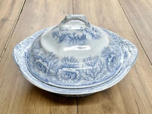 ANTIQUE BLUE WHITE TRANSFERWARE COVERED DISH TUREEN SCENIC DESIGN SERVING BOWL - Foto 1 di 10