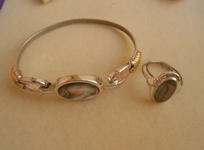 SET Bracciale e Anello firma AVON pietra abalone (conchiglia) metallo argento - Immagine 1 di 4