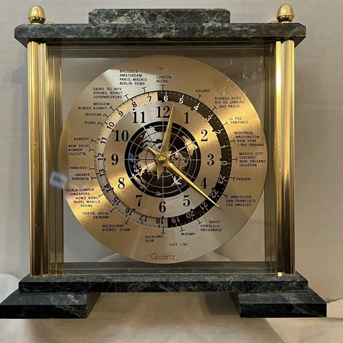Vintage Executive Aviation World Desk Clock GMT Concorde Airplane Quartz  Gold Cover