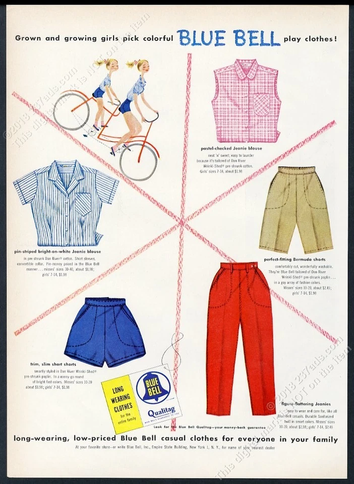 1955 Mary Blair mother daughter tandem bike art Blue Bell clothes print ad - Image 1 of 1