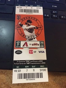 San Francisco Giants vs Arizona Diamondbacks 2016 talón de boletos 4/21 Tomas Hora - Imagen 1 de 1