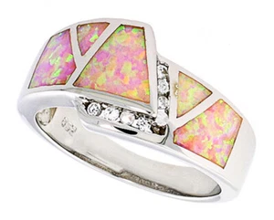 Fina mujer plata esterlina chapada en rodio, banda de ópalo rosa circonita detalles de piedra 11 mm - Imagen 1 de 1